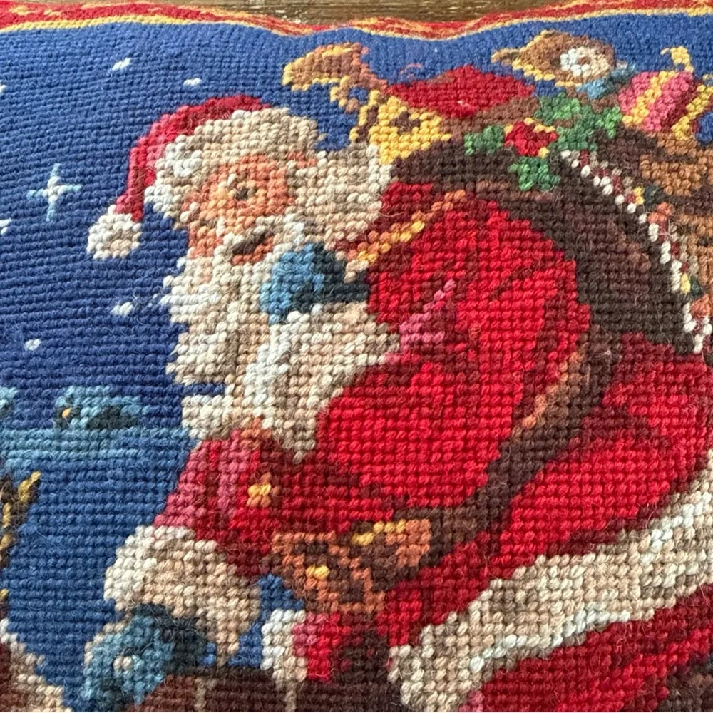 Classic Santa Needlepoint Velvet Wool Holiday Pillow - Red & Blue